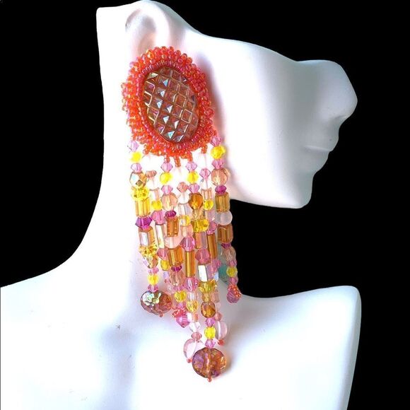 Fabulous coral/orange ab chandelier glass artisan beaded pierced earrings - Picture 1 of 11
